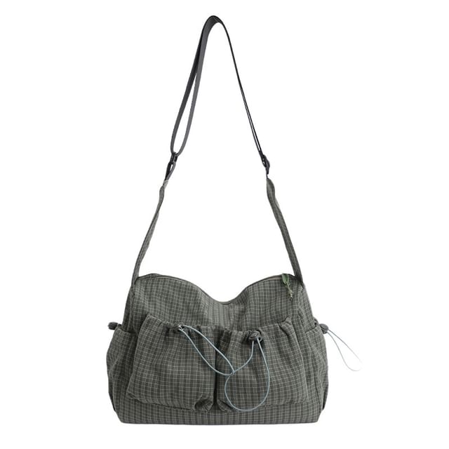 Drawstring Pocket Plaid Fabric Shoulder Bag