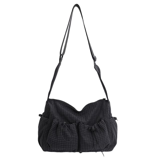 Drawstring Pocket Plaid Fabric Shoulder Bag