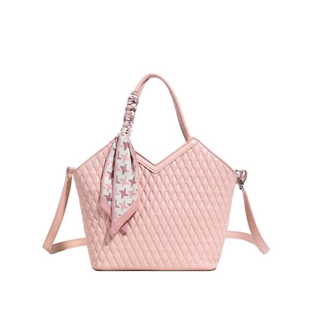 Quilted Faux Leather Tote Bag with Decorative Scarf