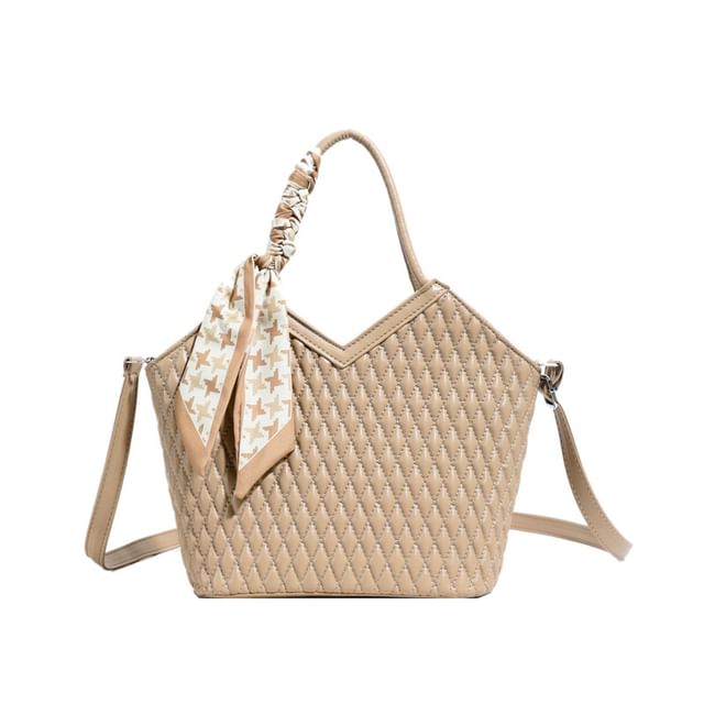 Quilted Faux Leather Tote Bag with Decorative Scarf