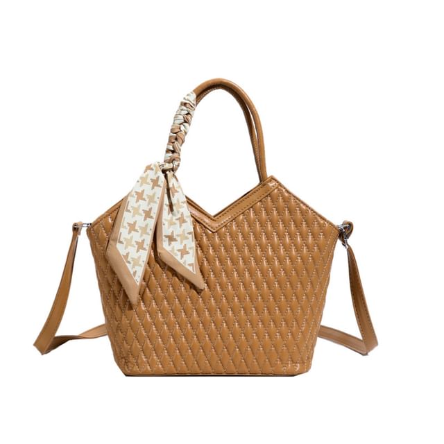 Quilted Faux Leather Tote Bag with Decorative Scarf