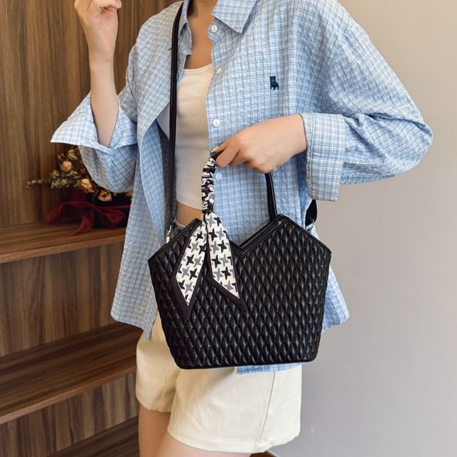 Quilted Faux Leather Tote Bag with Decorative Scarf