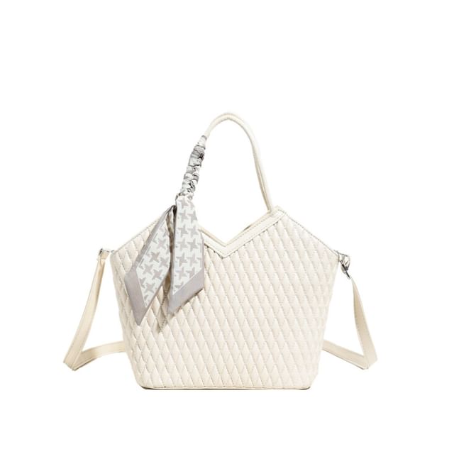 Quilted Faux Leather Tote Bag with Decorative Scarf