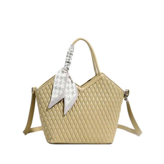 Quilted Faux Leather Tote Bag with Decorative Scarf