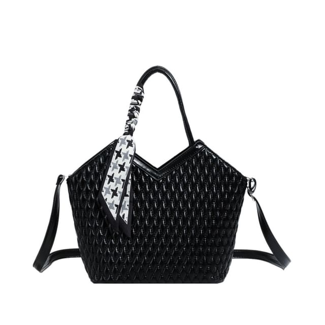 Quilted Faux Leather Tote Bag with Decorative Scarf