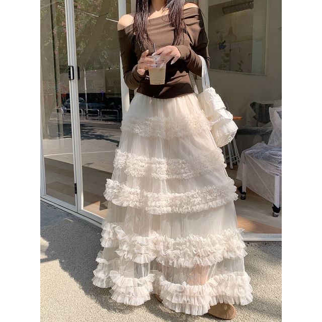 Frilled Tiered Mesh High-Waisted Maxi A-Line Skirt in Plain