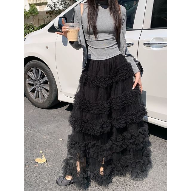 Frilled Tiered Mesh High-Waisted Maxi A-Line Skirt in Plain