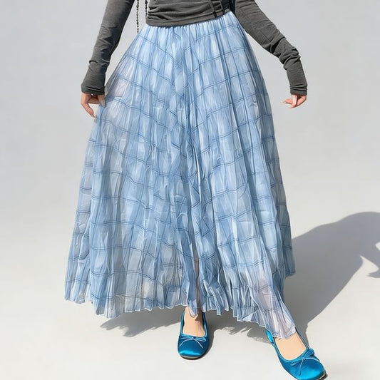 Plaid Mesh High-Waisted Maxi A-Line Skirt