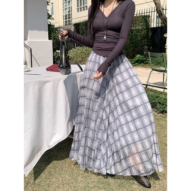 Plaid Mesh High-Waisted Maxi A-Line Skirt