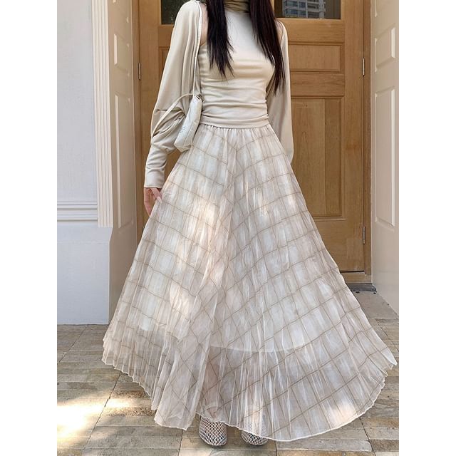 Plaid Mesh High-Waisted Maxi A-Line Skirt