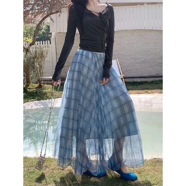 Plaid Mesh High-Waisted Maxi A-Line Skirt