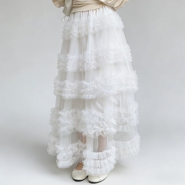Frilled Tiered Mesh High-Waisted Maxi A-Line Skirt in Plain