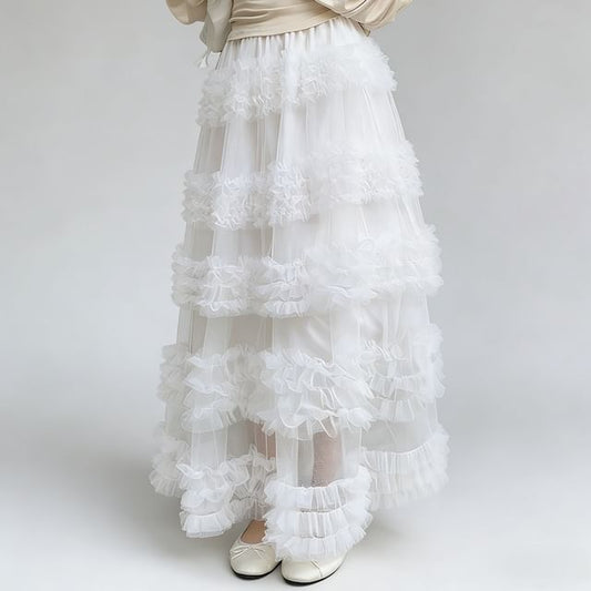 Frilled Tiered Mesh High-Waisted Maxi A-Line Skirt in Plain