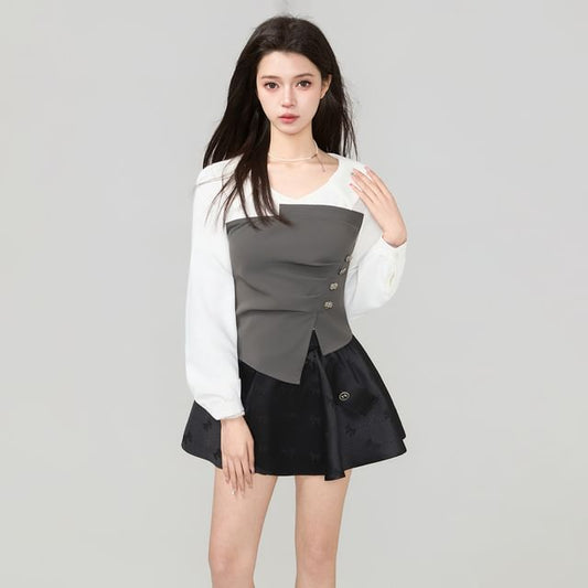 Two-Tone Asymmetric V-Neck Long-Sleeved Crop Top & Mini A-Line Skirt
