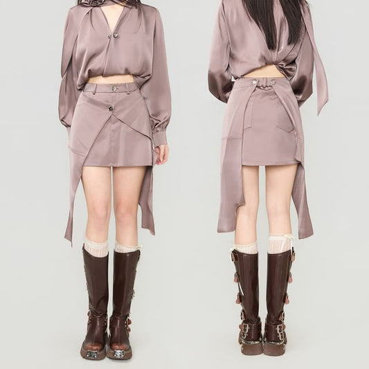 V-Neck Blouse & Low Waist Mini Skirt Set - Long Sleeve