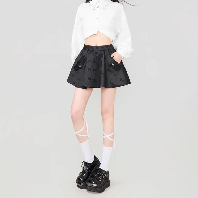 Two-Tone Asymmetric V-Neck Long-Sleeved Crop Top & Mini A-Line Skirt