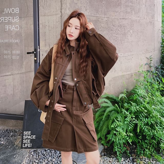 Belted Zip-Up Jacket & A-Line Cargo Skirt Set