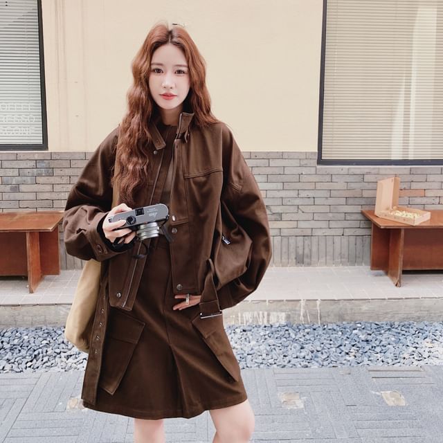 Belted Zip-Up Jacket & A-Line Cargo Skirt Set