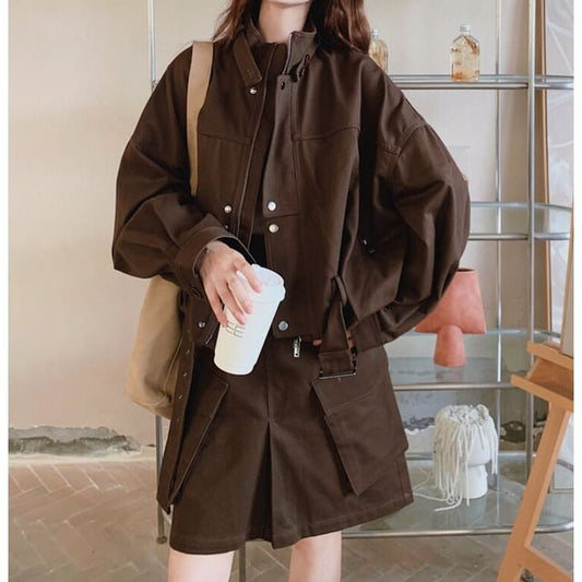 Belted Zip-Up Jacket & A-Line Cargo Skirt Set