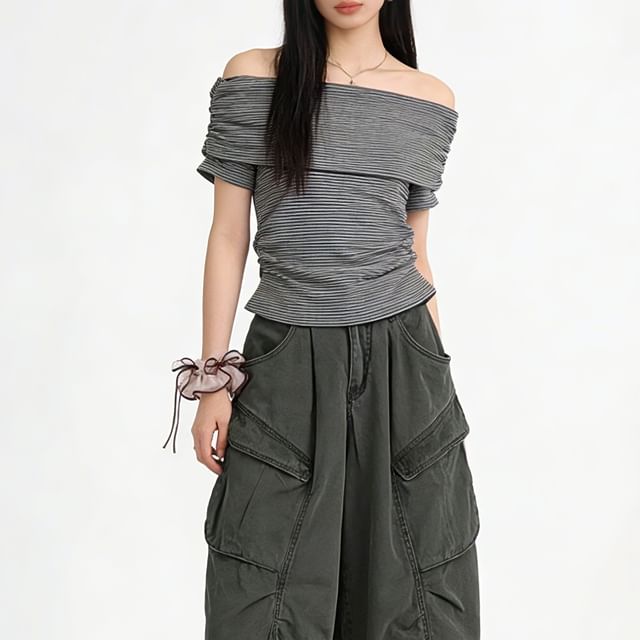 Striped Off-Shoulder Top with Ruched Cropped Silhouette