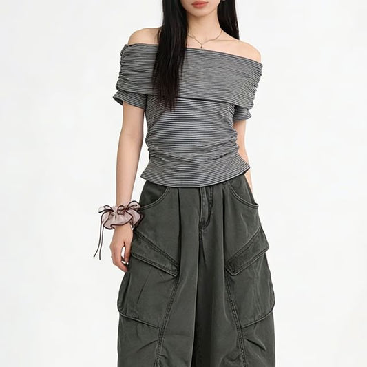 Striped Off-Shoulder Top with Ruched Cropped Silhouette
