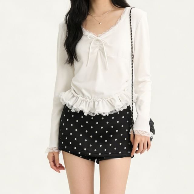 Long-Sleeve Tie-Front Top with Lace Accents and V-Neckline