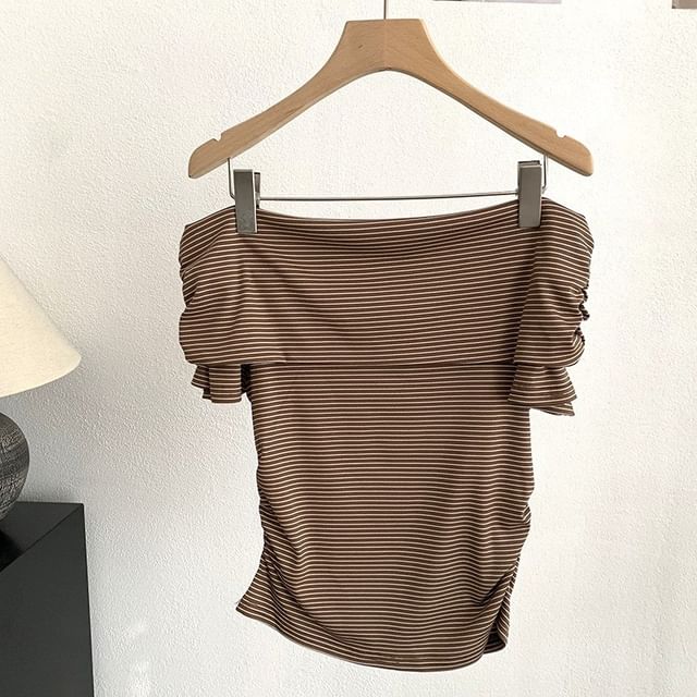 Striped Off-Shoulder Top with Ruched Cropped Silhouette