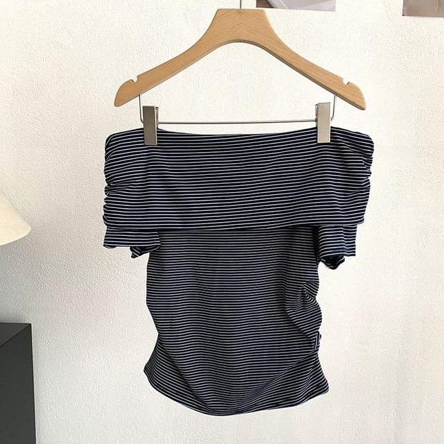 Striped Off-Shoulder Top with Ruched Cropped Silhouette