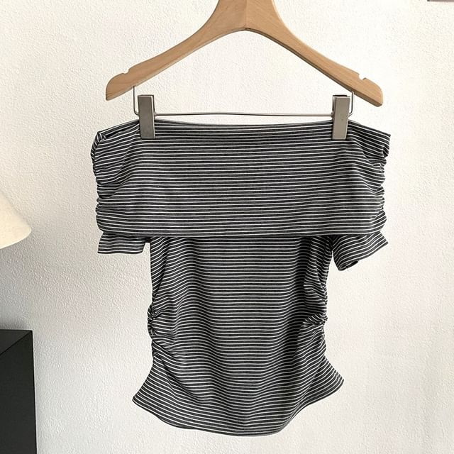 Striped Off-Shoulder Top with Ruched Cropped Silhouette
