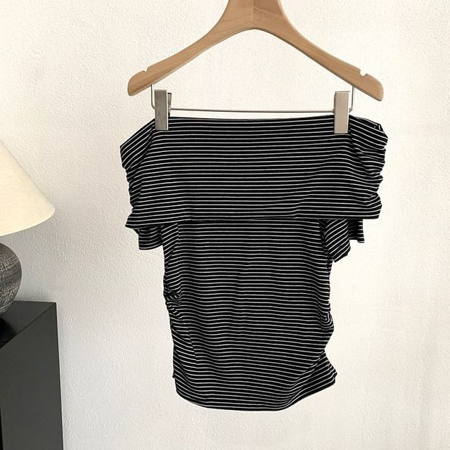 Striped Off-Shoulder Top with Ruched Cropped Silhouette
