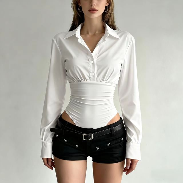 Ruched Collared Long Sleeve Half-Button Bodysuit Top