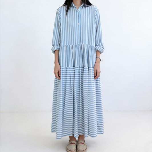 Long-Sleeve Striped Maxi A-Line Shirt Dress