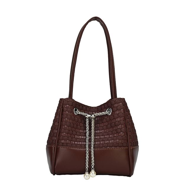 Faux Pearl Drawstring Woven Bucket Bag