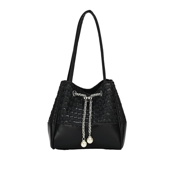 Faux Pearl Drawstring Woven Bucket Bag