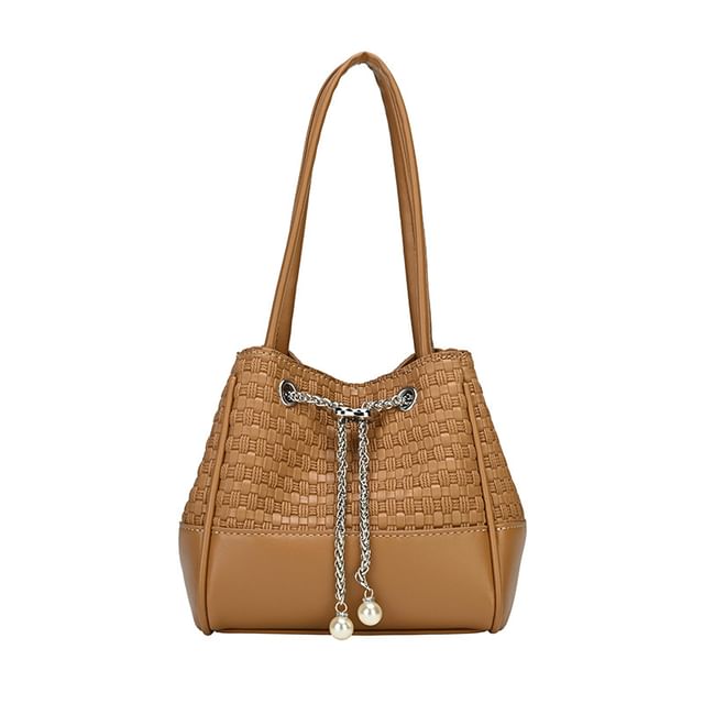 Faux Pearl Drawstring Woven Bucket Bag