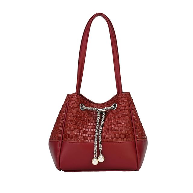 Faux Pearl Drawstring Woven Bucket Bag