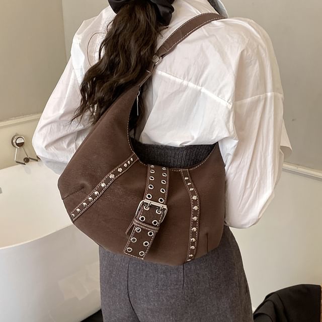 Studded Grommet Buckled Shoulder Bag