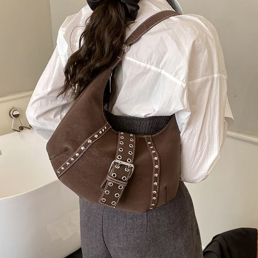 Studded Grommet Buckled Shoulder Bag