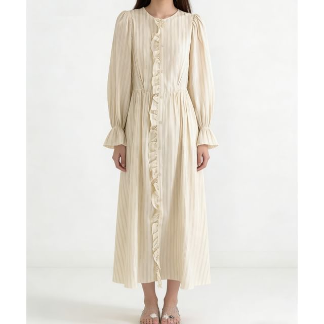 Long-Sleeve Round Neck Striped Button Up Ruffle Trim Maxi A-Line Dress