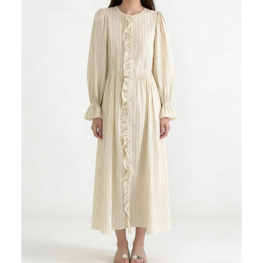 Long-Sleeve Round Neck Striped Button Up Ruffle Trim Maxi A-Line Dress