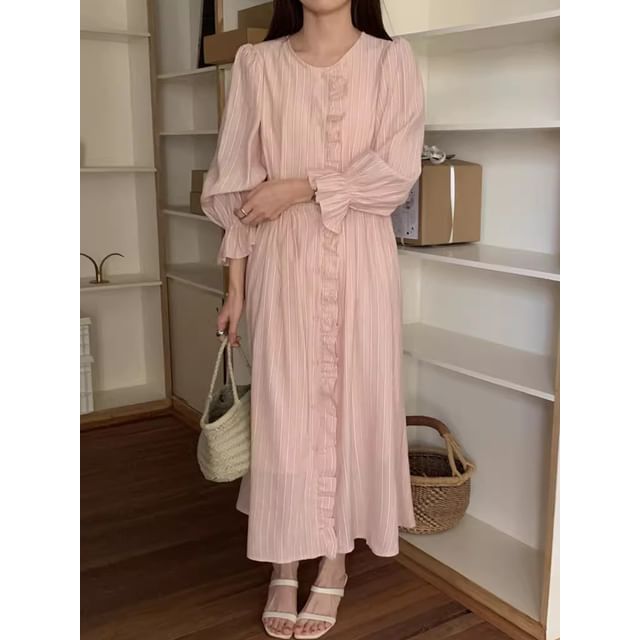 Long-Sleeve Round Neck Striped Button Up Ruffle Trim Maxi A-Line Dress