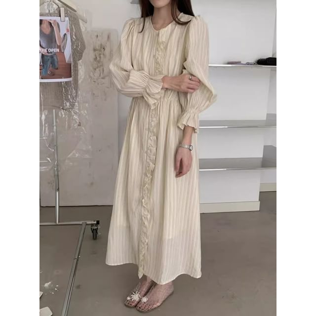Long-Sleeve Round Neck Striped Button Up Ruffle Trim Maxi A-Line Dress