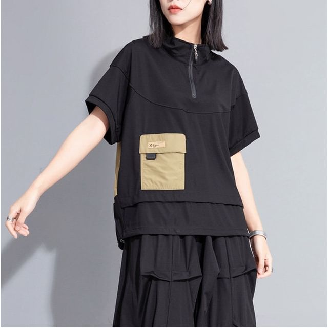 Short-Sleeve Mock Neck Half Zip Solid Top