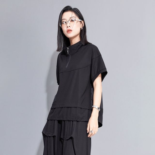 Short-Sleeve Mock Neck Half Zip Solid Top