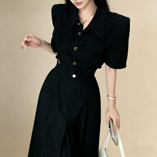 Short-Sleeve V-Neck Plain Button Up Maxi A-Line Dress