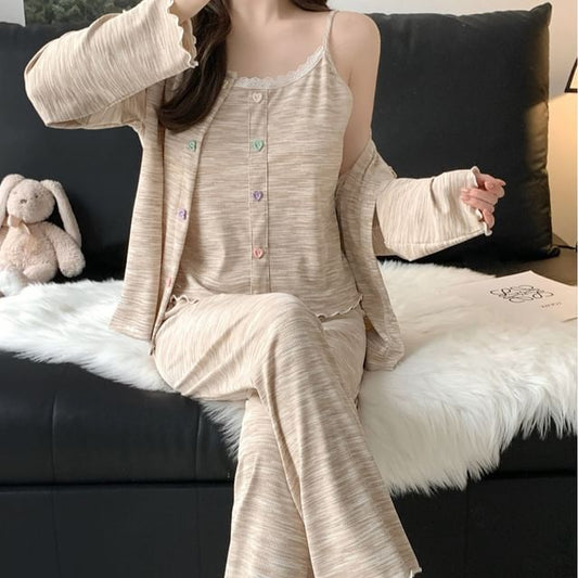 Pajama Set: Melange Cardigan + Camisole Top + Pants