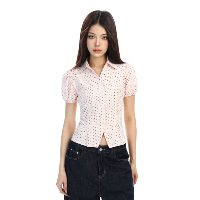 Short-Sleeve Collared Dotted Button-Up Shirt