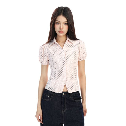 Short-Sleeve Collared Dotted Button-Up Shirt