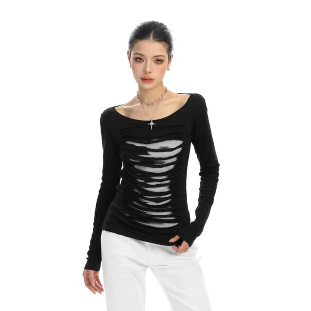 Long-Sleeve Scoop Neck Solid Distressed Tee