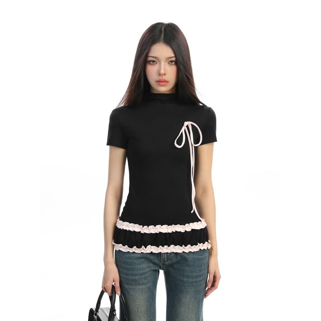Short-Sleeve Mock Neck Solid Ruffle Trim Tee